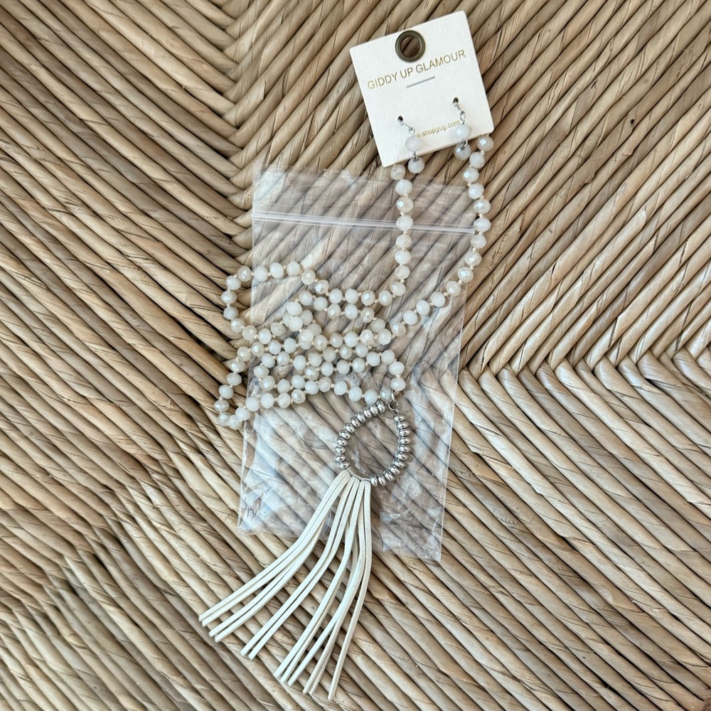 Giddy Up Glamour Cream Beaded Necklace with Tassel and Matching Earrings